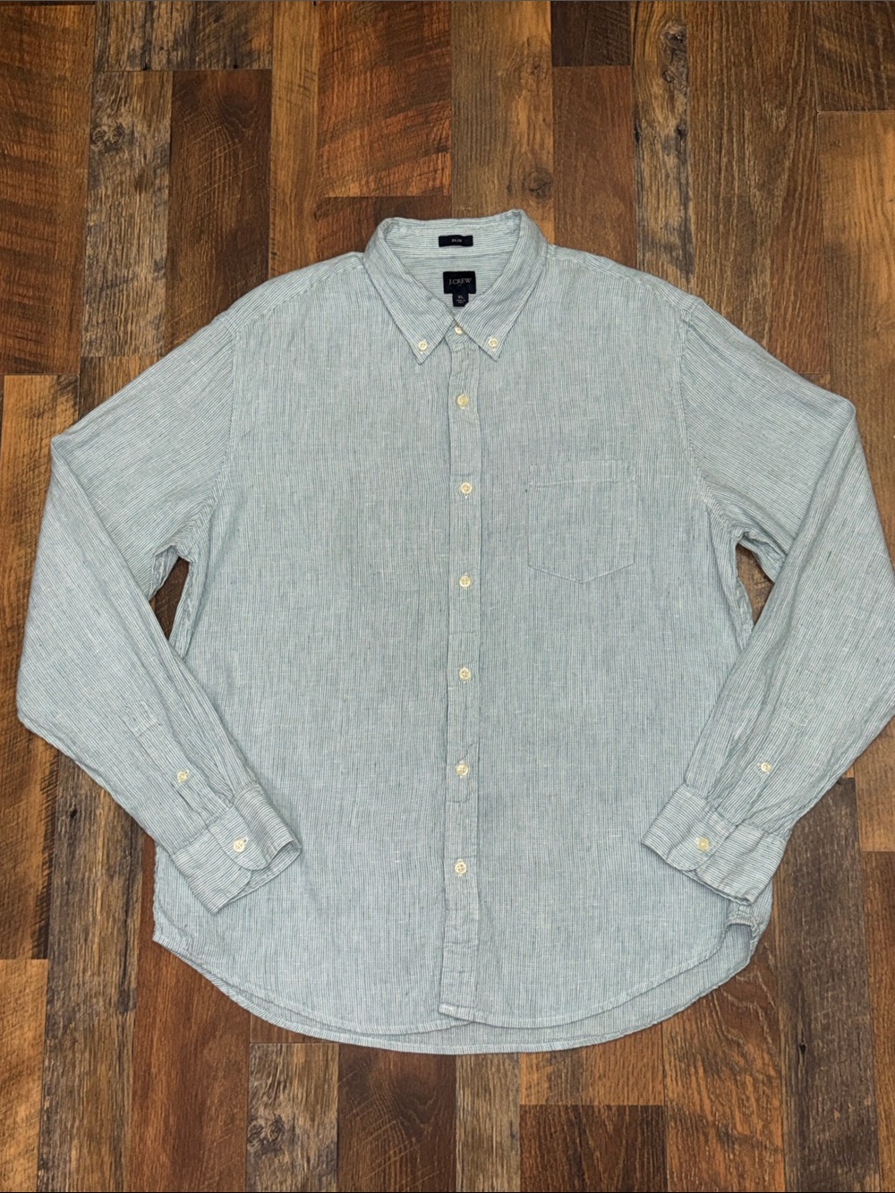 J. Crew Slim Fit Linen Blend Button Down Shirt Green White Stripe XL